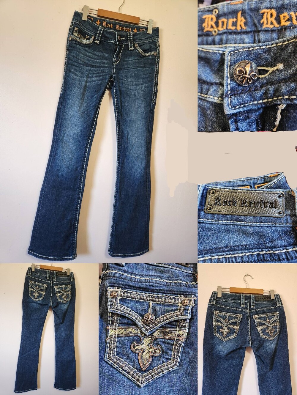 Rock Revival Roux B400 Bootcut Jeans Y2K McBling Sequin Fleur-De-Lis Sz 27